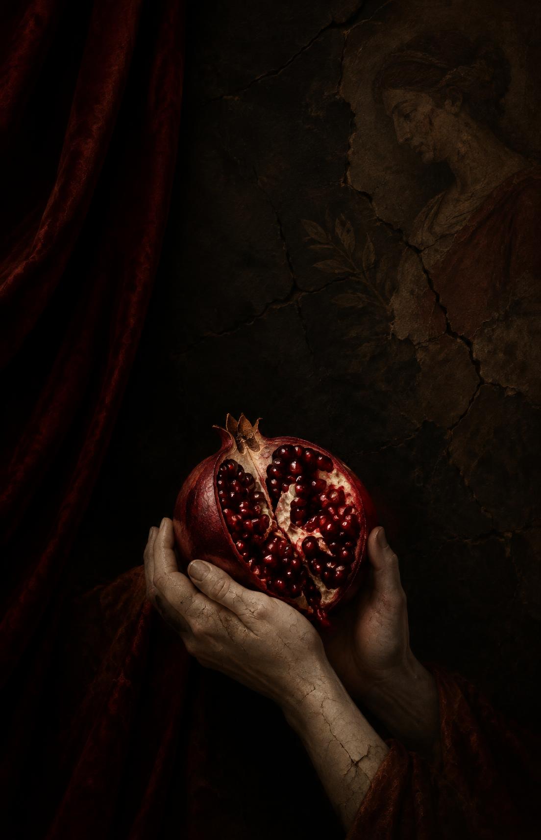 The Restoration by Kate Ashford, book cover: cracked painted hands holding a split pomegranate